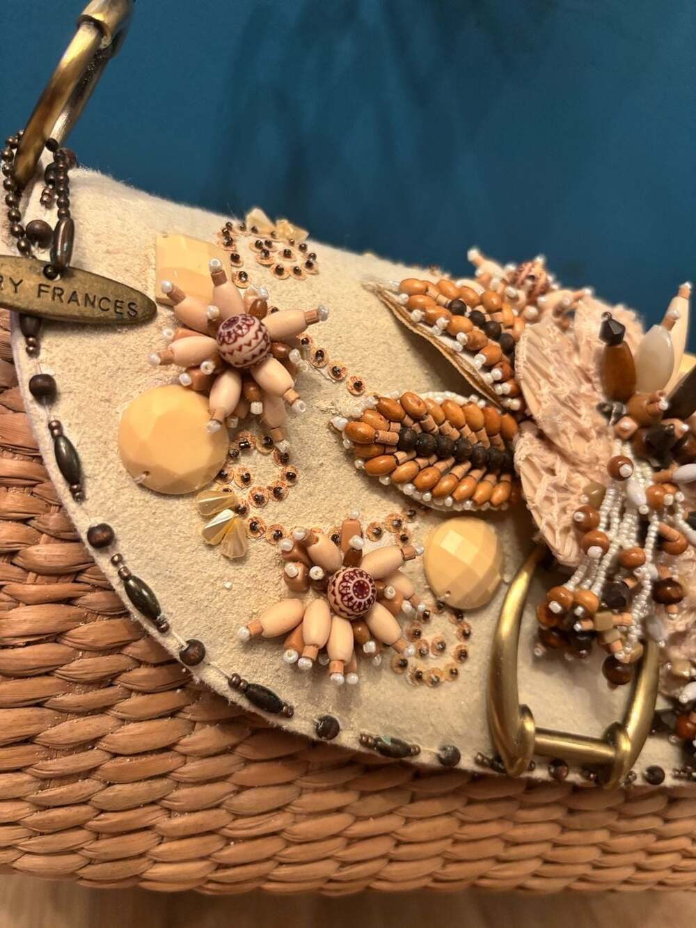 Vintage Mary Frances Beaded Floral Applique Woven Straw hard case Shoulder Bag - Picture 8 of 15